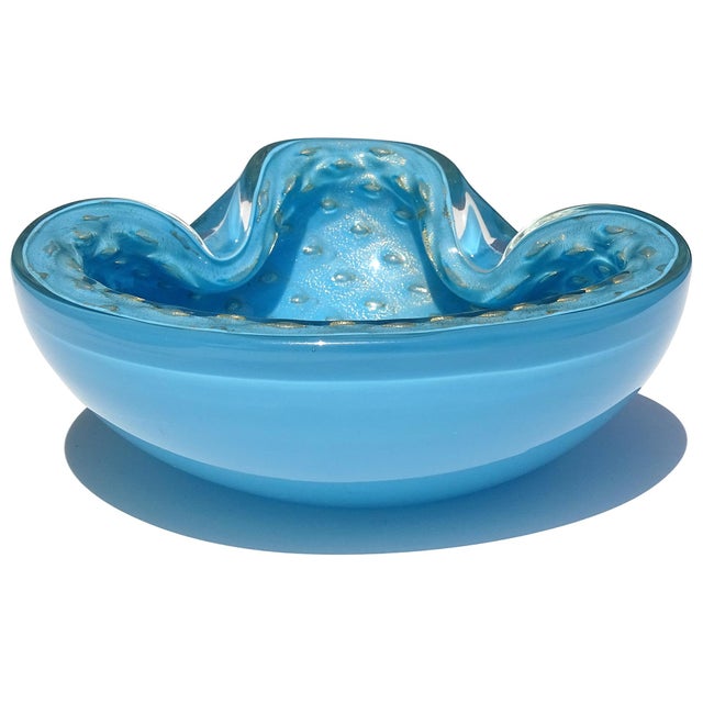 Mid 20th Century Vintage Barbini Murano Sky Blue Gold Flecks Control Bubbles Vintage Italian Art Glass Bowl Ashtray For Sale - Image 5 of 7
