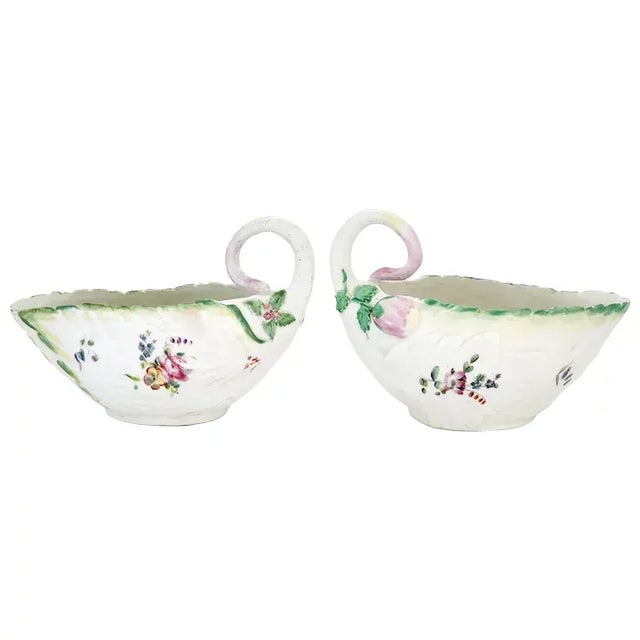 Royal Crown Derby Porcelain Antique 18th Century English Georgian Chelsea Derby Porcelain Lettuce Form Sauce Boats - A Pair For Sale - Image 4 of 13