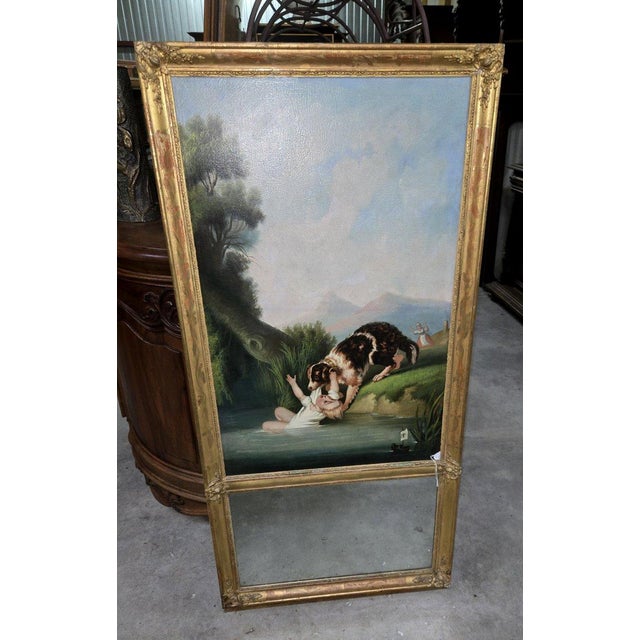 Large Napoleon III period trumeau mirror. Superb gilding. Minor losses. Magnificent oil on canvas (relined) depicting a...