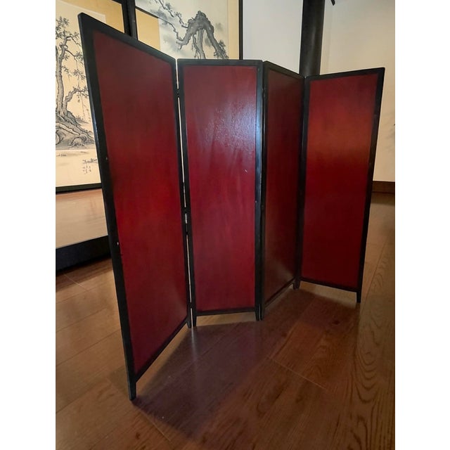 Mid Century Four-Panel Deep Red/Gold Chinoiserie Screen With Decorated Black Boarder For Sale - Image 12 of 18