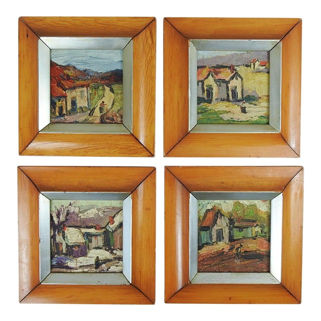 Small Mid 20th Century Modernist Village Paintings - Set of 4 For Sale
