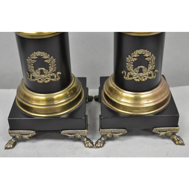 Black Vintage French Empire Style Black Column Brass Ormolu Bouillotte Table Lamp Pair For Sale - Image 8 of 15