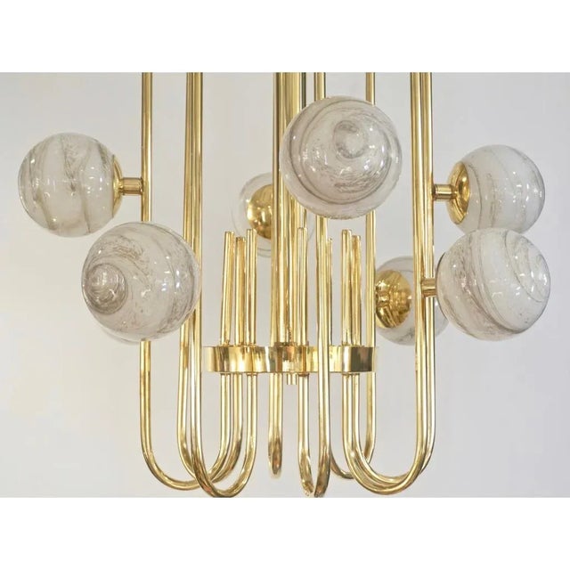 2010s Bespoke Italian Alabaster White Murano Glass Brass Curved Globe Chandelier For Sale - Image 5 of 12