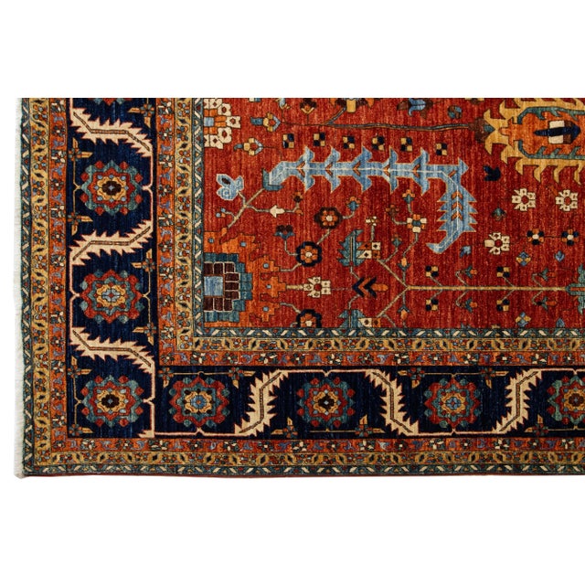 Room Sized Modern Serapi-Style Wool Rug in Rust- Red With Allover Floral Design For Sale - Image 4 of 9