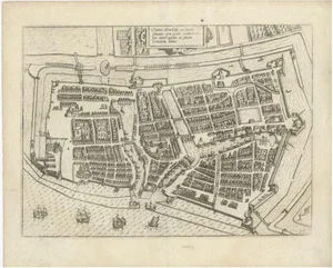 Antique Plan of Emden in Germany by Guicciardini, 1612
