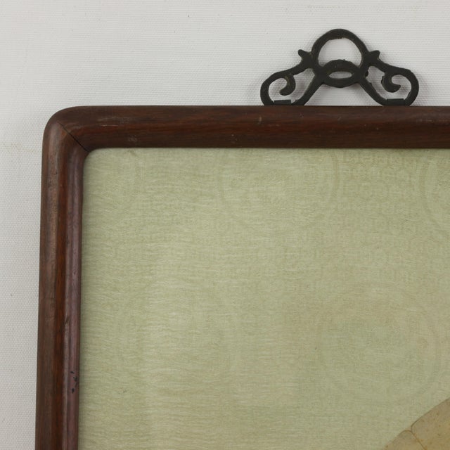 Tan Vintage Chinese Fan Painting Chicks Catching Bugs With Pink Flowers Framed Ink and Color on Paper With Calligraphy For Sale - Image 8 of 11