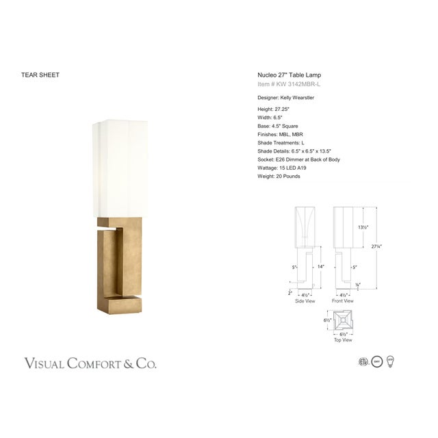 Kelly Wearstler by Visual Comfort Signature Nucleo 27" Table Lamp in Museum Brass with Linen Shade Designer: Kelly...