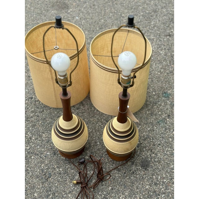 1960s Mid-Century Drip Pottery Table Lamps With Shades - a Pair For Sale In Los Angeles - Image 6 of 12