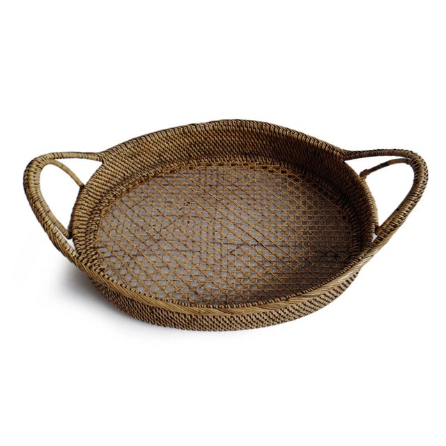 Boho Chic Vintage Javanese Boho Tea Stained Rattan Oval Tray For Sale - Image 3 of 5