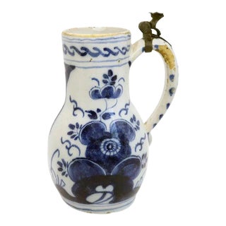 Dutch Delft Pewter Mounted Pottery Blue and White Tankard For Sale