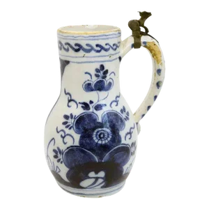 Dutch Delft Pewter Mounted Pottery Blue and White Tankard