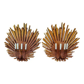 Monumental Hollywood Regency Gilded Sunburst 4 Arm Italian Wall Sconces - Pair For Sale