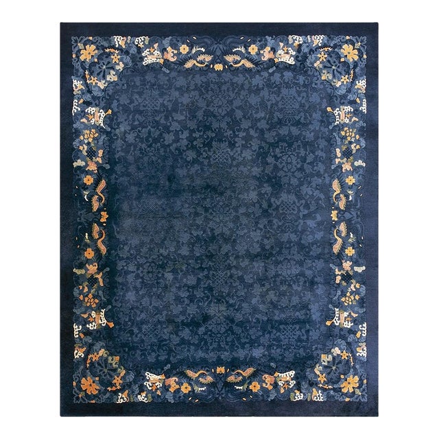 1920s Antique Wool Allover Floral Rectangle Blue Hand Knotted Pile Peking Rug For Sale