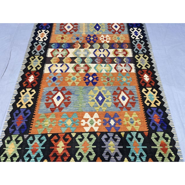 5'6" X 8'2" Multicolor Afghan Chobi Geometric Wool Flatweave Kilim Rug For Sale - Image 4 of 16