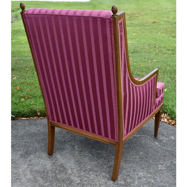 Hollywood Regency Style Bergere Armchair Pink Magenta Striped Satin Accent Chair For Sale - Image 13 of 14