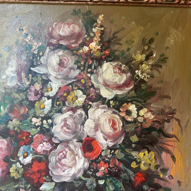 Oil on Canvas American School Floral Still Life Framed Signed Made in 1950 For Sale - Image 11 of 12