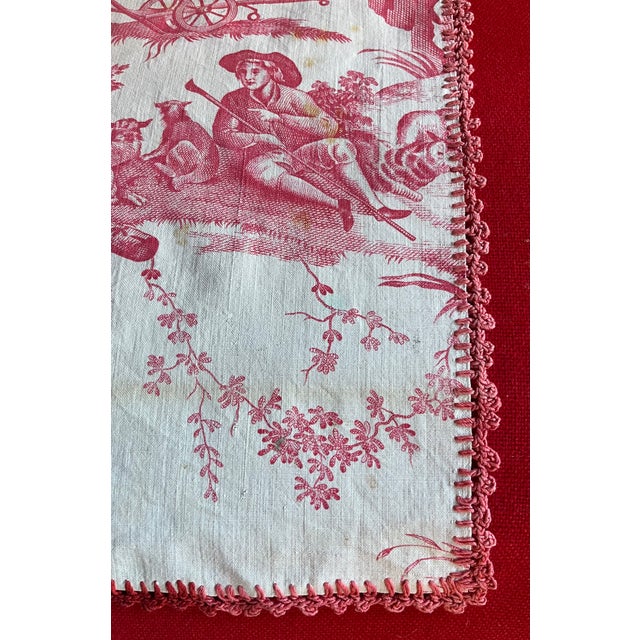 19th Century Antique French Red and White Toile De Jouy Fabric Panel With Country Landscape Scenes For Sale - Image 5 of 9
