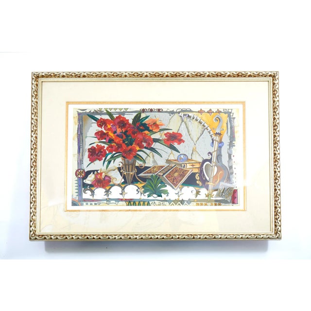 Very Large gilt wood framed lithograph print depicting lilies with books and mandolin . The lithograph is in great...