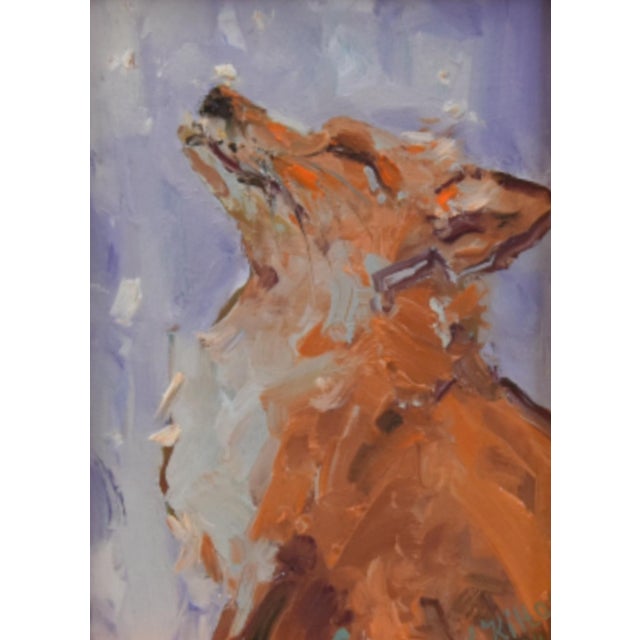 Impressionist oil painting on an artist's hardboard panel of a red fox displayed in a complementary antiqued gold wood...
