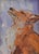 Impressionist oil painting on an artist's hardboard panel of a red fox displayed in a complementary antiqued gold wood...