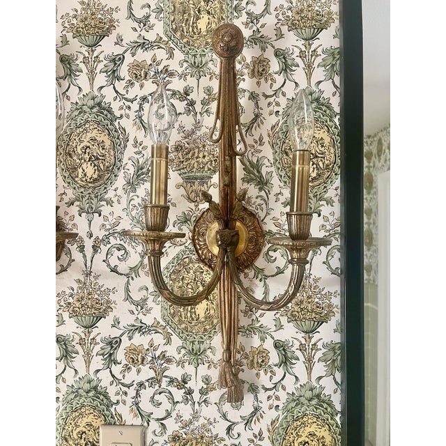 French Vintage French Gilt Bronze 2-Light Rope and Tassel Wall Sconces, Louis XVI Style - a Pair For Sale - Image 3 of 12