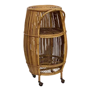 Italian Mid-Century Rattan and Bamboo Barrel-Shaped Bar Cart