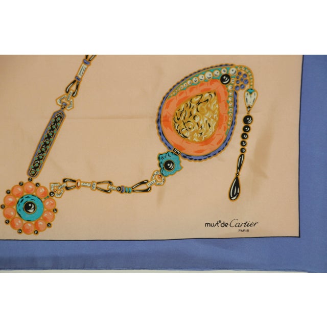 CARTIER Silk Scarf Blue and Salmon Precious Jewels New in Box Paris France For Sale - Image 9 of 12