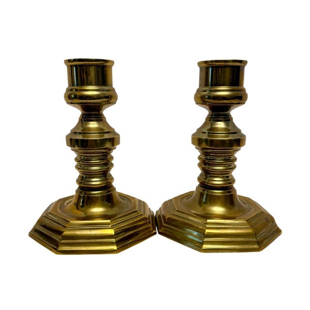 1970s Vintage Georgian Style Pair of Solid Brass 7.25” Candlesticks Octagonal Base A3. For Sale - Image 5 of 8