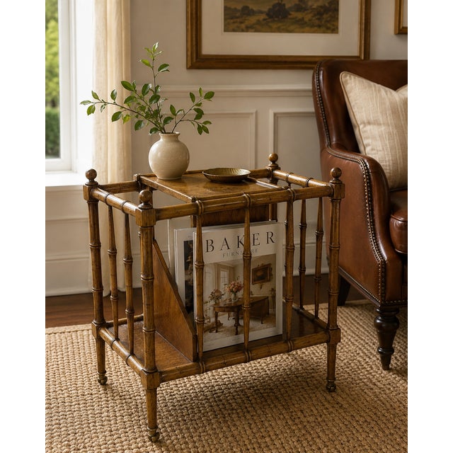This vintage Baker Furniture burl wood Canterbury magazine rack captures the elegance of classic bamboo-inspired design....