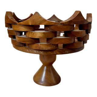Basketweave Wooden Compote For Sale