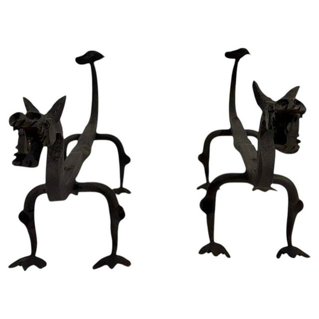 Mod Dragon Andirons in Wrought Iron, 1940s, Set of 2 For Sale - Image 3 of 18