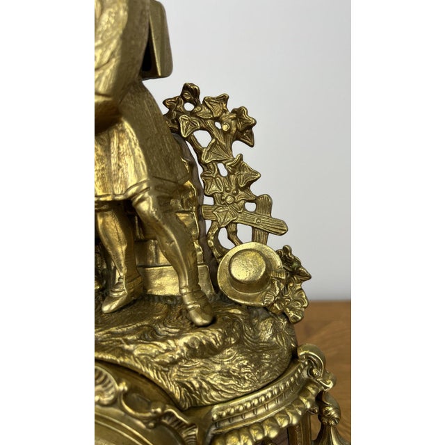 Vintage French Brass Ornate Romantic Couple Mantel Clock For Sale - Image 9 of 16