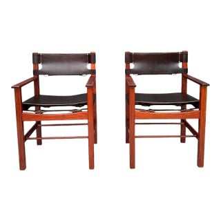 Late 20th Century Pair of Vintage Mid-Century Modern Leather and Wood Spanish/Safari Style Armchairs by Ligna For Sale