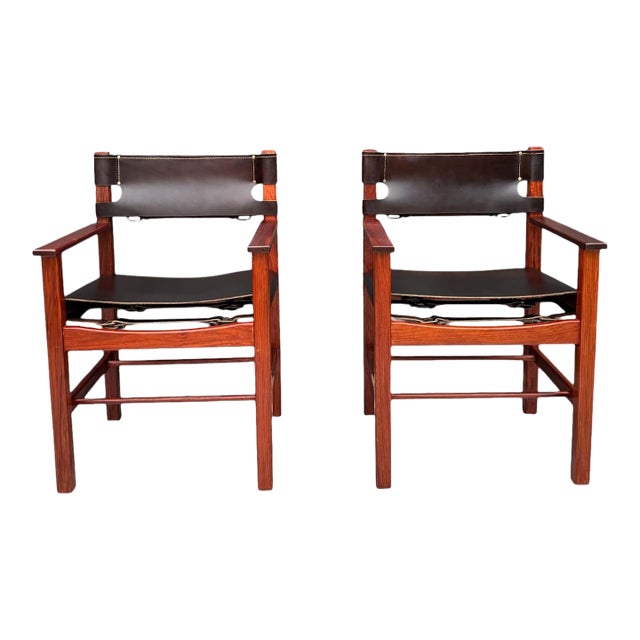 Late 20th Century Pair of Vintage Mid-Century Modern Leather and Wood Spanish/Safari Style Armchairs by Ligna For Sale