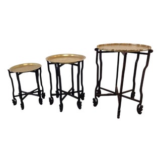 Oriental Wood and Brass Tables, Set of 3 For Sale