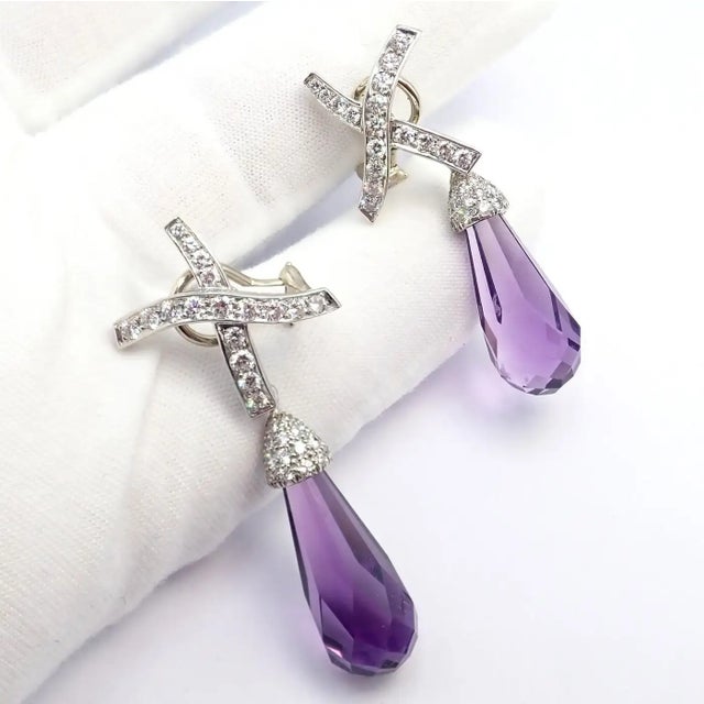 1980s Pair of Tiffany & Co Paloma Picasso X Drop Diamond Amethyst Night Day Platinum Earrings For Sale - Image 11 of 16