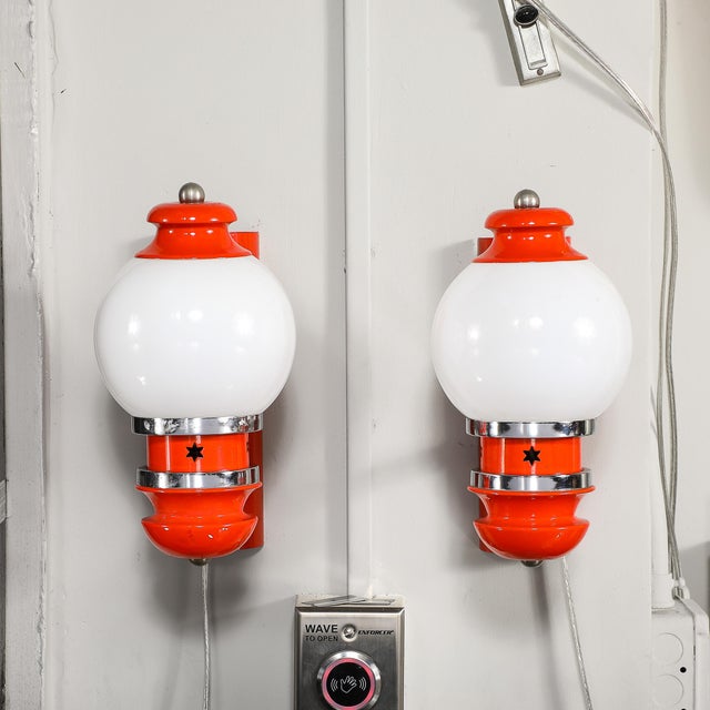 Mid-Century Chrome & Glass Vermillion Enamel Portico Sconces W/ Star Cutouts For Sale - Image 11 of 14