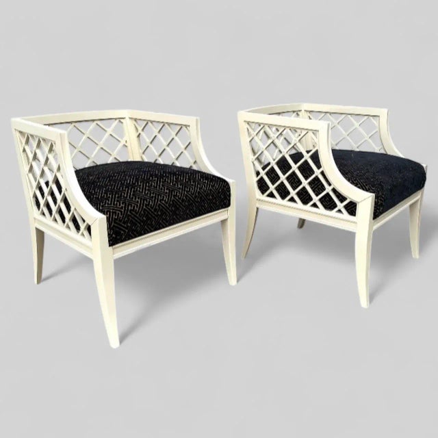Grosfeld House Pair of 1940s Grosfeld House Vintage White Lacquered Lattice Work Lounge Chairs For Sale - Image 4 of 6