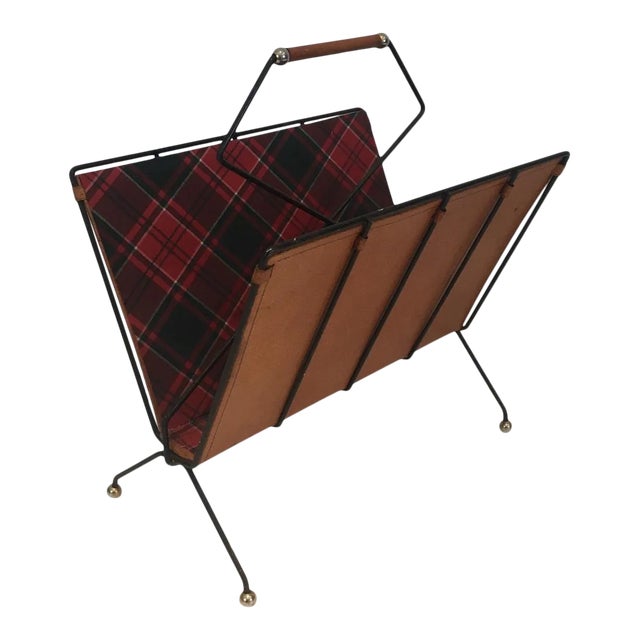 Black Lacquered Metal, Leather and Plaid Fabric Magazine Rack For Sale