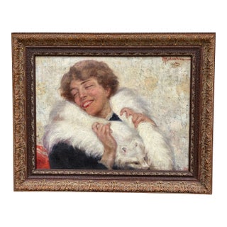 Early 20th Century Adolfo Belimbau Portrait of a Woman in a White Fox Stole, Antique Italian Oil on Canvas For Sale