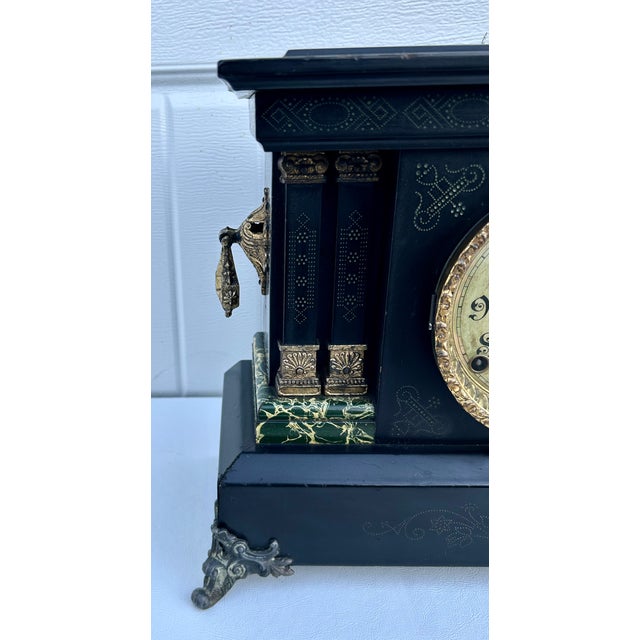 Victorian Antique E. Ingraham Adrian Mantle Clock Faux Green Marble Double Pillars W/Key For Sale - Image 3 of 15