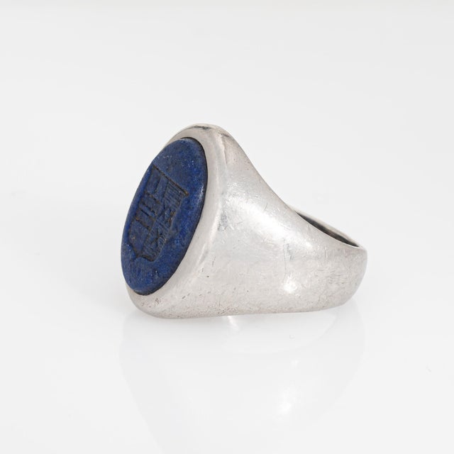Tiffany and Co. Vintage Tiffany & Co Crest Ring Lapis Lazuli Platinum Sz 6 Mid Century Signet For Sale - Image 4 of 7
