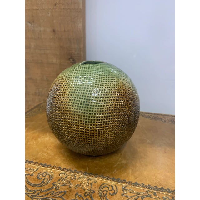 Vintage Textured Glazed Studio Pottery Vessel in Shades of Green & Brown