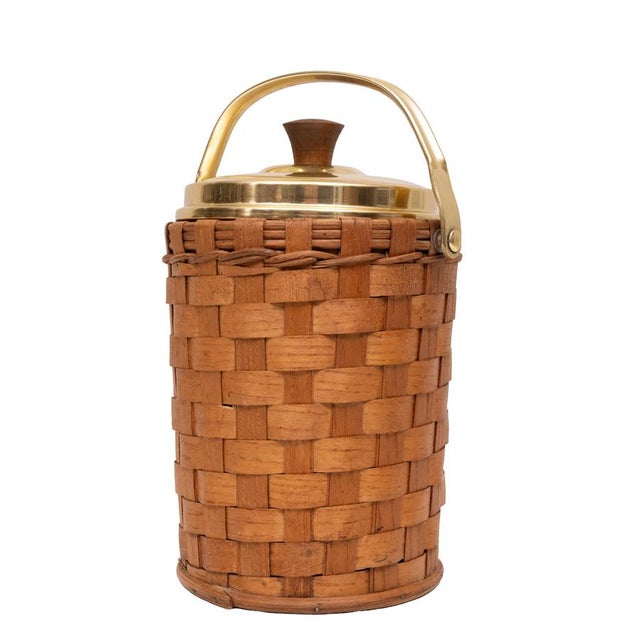 Wicker Ice Bucket in Brass with Lid and Ice Tongs, 1960s, Set of 3 For Sale - Image 8 of 10