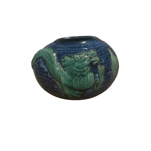 1960's Chinese Cobalt Blue Dragon Relief Vase For Sale - Image 4 of 4