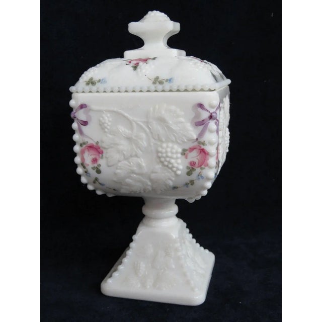 Westmoreland Milk Glass Beaded Edge Square Grape Pedestal Candy Bowl For Sale - Image 9 of 11