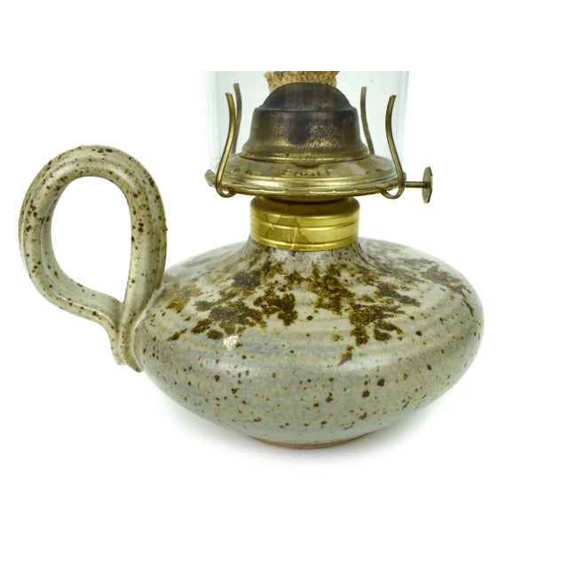 Olive Late 20th Century Handmade Oil Lamp Pottery With Glass Shade by Conti For Sale - Image 8 of 11