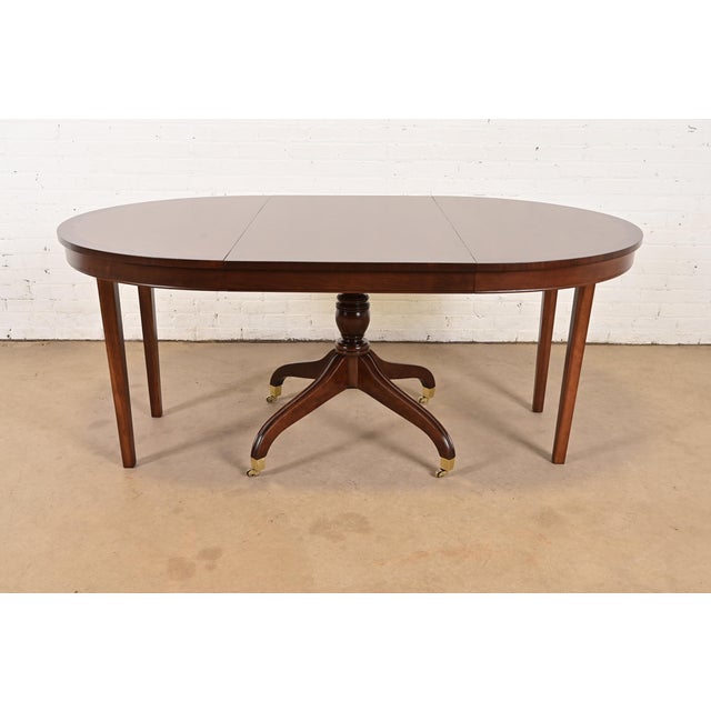 1980s Baker Furniture Style Regency Banded Cherry Wood Pedestal Extension Dining Table, Newly Refinished For Sale - Image 5 of 13