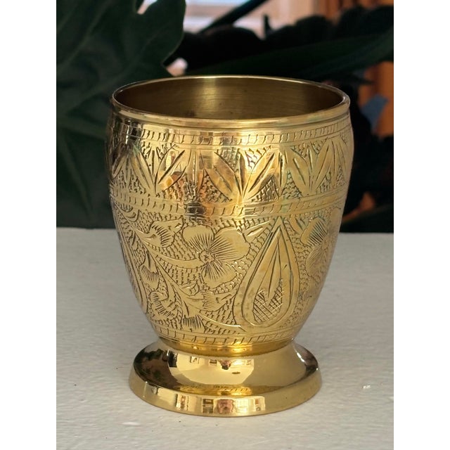 Indian 1980s Small Ornate Etched Solid Brass Cup For Sale - Image 3 of 6