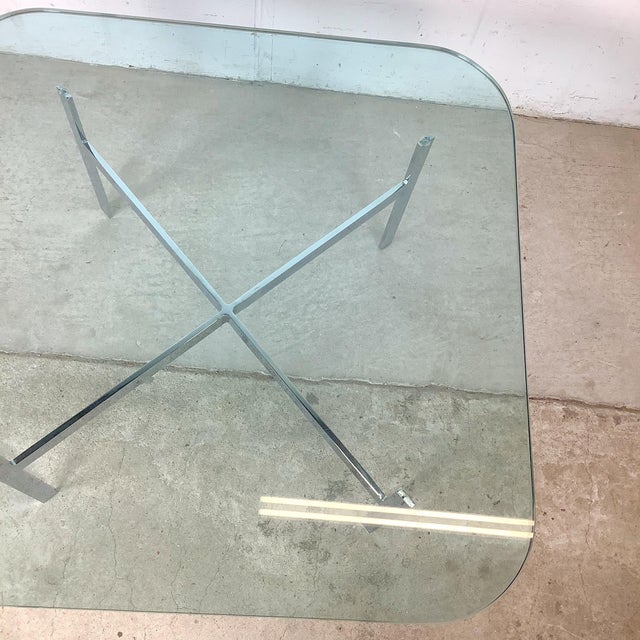 Metal Vintage Mies Van Der Rohe Barcelona-Style Chrome & Glass Coffee Table — 1970s–80s, 36" Square For Sale - Image 7 of 12
